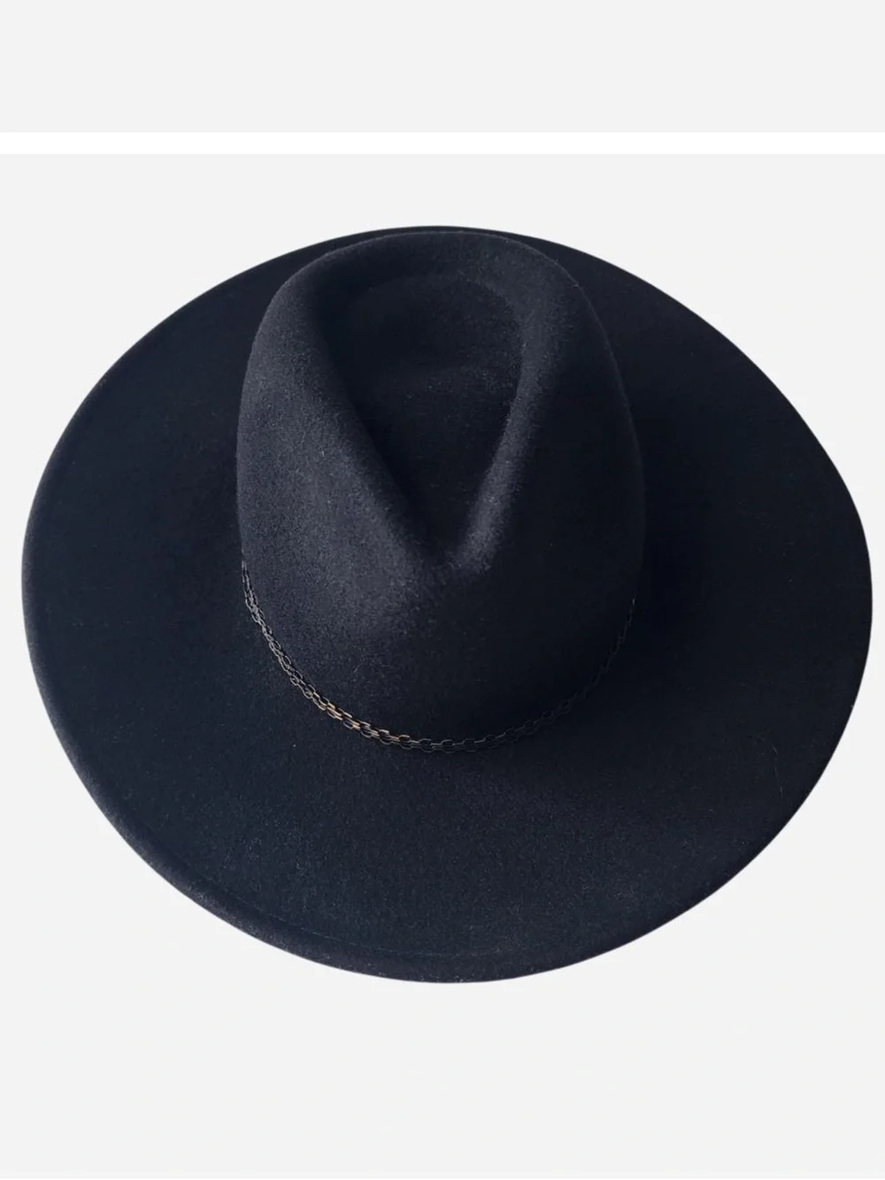 Zara Black Wide-Brim Wool with braided Gold Chain trim. Size OS